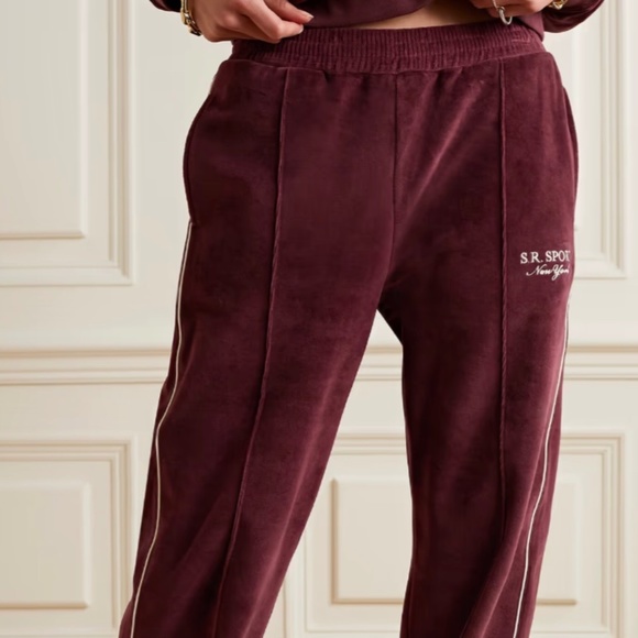 SPORTY & RICH - Velour 2 Pc Tracksuit in Burgundy/White Contrast MSRP $435 BNWT - Picture 6 of 11